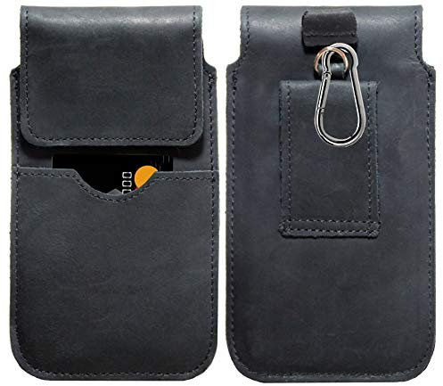 ECHT Leder Hüft Gürtel Tasche passend für Samsung Galaxy A73 5G A53 A33 A23 A13 4G 5G A03 A03s | Gürteltasche mit Karabinerhaken und Schlaufe | Seiten Quer Schutz Hülle Lederhülle | XL Schwarz