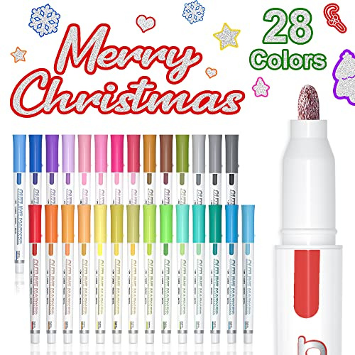 Shuttle Art 28 Glitzerstifte Magische Stifte, Metallic Outline Stifte Set mit 28 silber metallische Farben, Outline Marker für Kinder Ostereier, Graffiti, Grußkarte, DIY, Zauberstifte Mädchen