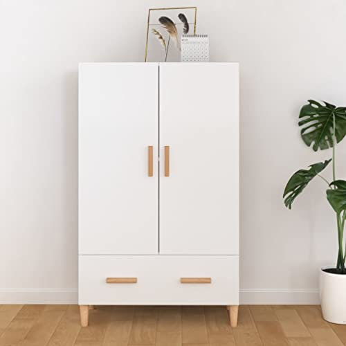 homiuse Highboard Hochglanz-Weiß 70x31x115 cm Holzwerkstoff Wohnzimmerschrank Esszimmermöbel Vorratsschrank Haushaltsschrank Beistellschrank mit 2 Türen und 1 Schublade Staubfreies Design
