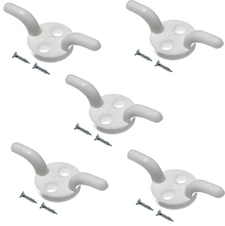 TERF® White Plastic Rope Cord Cleat Hooks 50mm [ 2'' ] Washing Line Blind Curtain Flagpole Cord Rope Cleat Hooks With Fixing Screw and Multi Purpose Use - Pack of 5