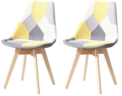 GrandCA HOME Lot de 2 Chaises de Salle à Manger en Tissu avec Coussin D'assise Amovible et Pieds en Bois en Métal, pour Chambre, Salon, Cuisine et Salle à Manger, Patchwork Jaune