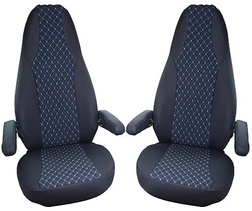 BREMER SITZBEZÜGE Maß Piloten Schonbezüge Sitzbezüge kompatibel mit Wohnmobil Camper Hymer Ducato Wohnmobil Zubehör | 2er Schonbezug Set inkl. Armlehnen-Bezüge in Schwarz/Blau | WMS706