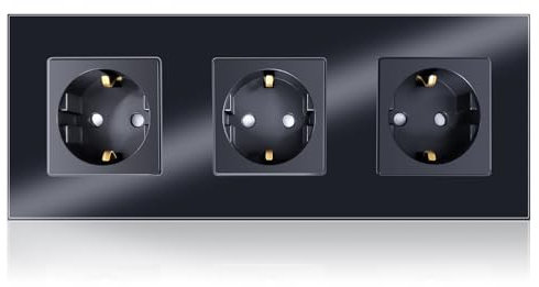 PANGTZEEN Schuko Steckdose 3 Fach Gehärtetem Glas Rahmen 228mm Dreifach Wandsteckdose 16A Typ-F Unterputz Einbausteckdose Schwarz Für Schlafzimmer, Küche, Büro