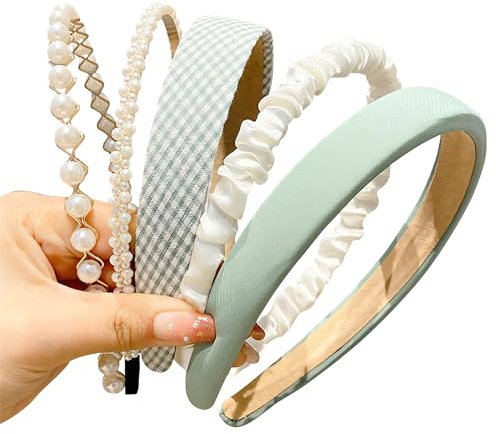Fashion Headbands for Women Girls Headbands Set, 5pcs Pearl Headband Floral Headbands Padded Headband for Women Vintage Wide Hair Band (Green)