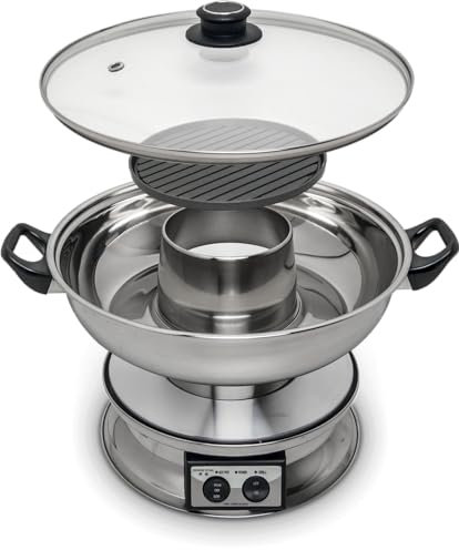 Remo - Sartén para fondue eléctrica - Sartén para fondue con plancha - Olla caliente - 3,8 litros - Acero inoxidable