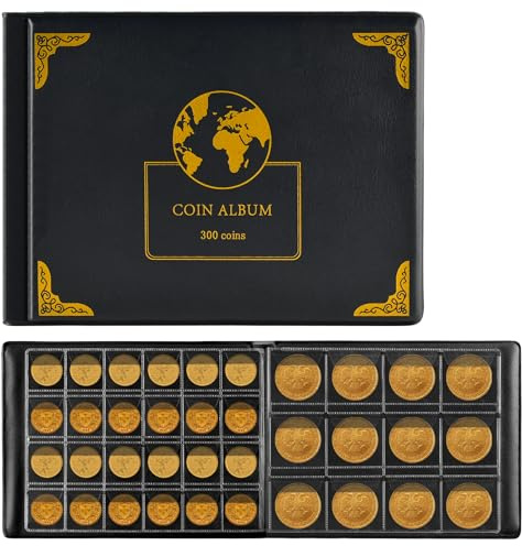 Münzsammelalbum mit 300 Taschen, Sammelalbum für Sammler, 300 Taschen, Münzsammelalben für Münzen mit 20/25/27/30/38 mm – Schwarz