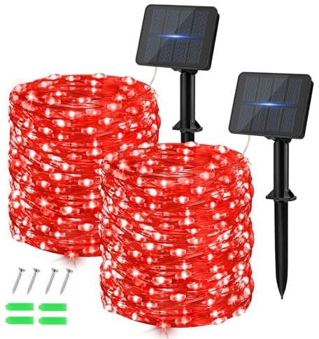 Dalugo Red Solar Lights Outdoor Garden, 2 Pack 120 LED Solar Powered Fairy Lights 40Ft 8 Modes Waterproof String Lights for Garden, Yard, Tree, Indoor/Outdoor Decoration