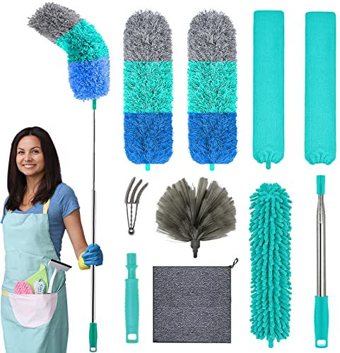 10 Piezas Plumero Telescopico Extensible, Plumero Atrapapolvo Microfibra Lavable Reutilizable, Largo Extensible hasta 250cm, Duster Limpieza Ventiladores Techo Alto, Telarañas, Persianas, Ventanas