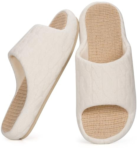 Eagsouni Pantofola di Lino da Donna in Memory Foam Comode l'interno Pantofole accoglienti Tranquillo Ciabatte da casa, Beige, 35/36 EU, Etikett 36-37