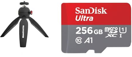 Manfrotto MTPIXIMII-B, PIXI Mini Camera Tripod with Handgrip for Compact System Cameras, for DSLR & SanDisk 256GB Ultra microSDXC card + SD adapter up to 150 MB/s with A1 App