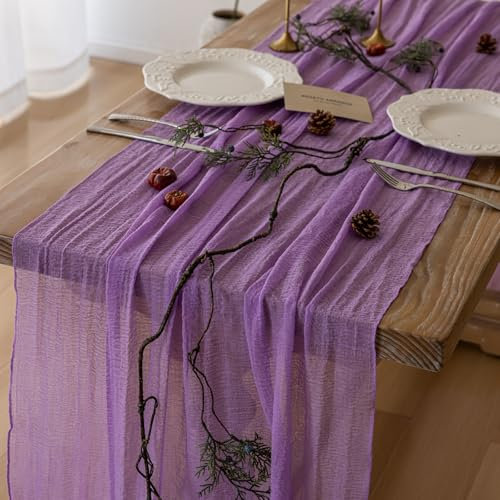 Keketoarrange Tischläufer mit Lavendel-Gaze-Motiv, rustikal, Boho, Flieder, Seihtuch, 308 cm, 3 m, für Hochzeit, Babyparty, Geburtstag, Bridgerton, Party, lang, durchsichtige Heimdekorationen