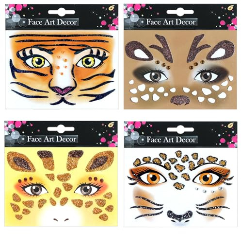 4 Stück Gesichtstattoo, Face Art Sticker, Temporäre Tattoo Gesicht, Tattoo Gesicht, Kostüm Damen Zubehör für Karneval, Halloween, Kinder und Erwachsene