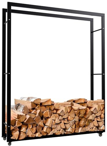 CLP Support de Bois de cheminée Keri avec roulettes I Étagère à Bois de cheminée en métal Noir I Rangement pour Bois de Chauffage, Couleur:Noir, Taille:25x125x150 cm