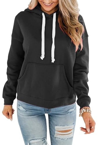 Timuspo Black Hoodie Sweatshirt Damen Baumwolle mit Kapuze Fleece Hoody Herbst Pullover Casual Basic Kapuzenpullover Schwarz M