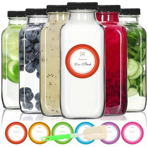 STARSIDE 16 oz Glass Juice Bottles with Lids,6 Pack Reusable Glass Drink Bottles,480ml Water Bottle for Milk,Juicing,Kombucha,Ginger,Beverage Glassware,Juice Drinking Jars