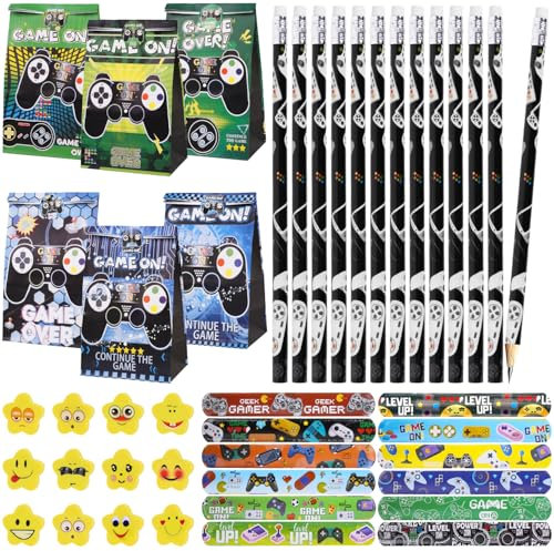 RNHDLY Videospiel Party Mitgebsel 48 Stück Mitgebsel Kindergeburtstag Gastgeschenke 12 Videospiel Bleistift + 12 Radiergummi + 12 Papiertüten + 12 Schnapparmband für Videospiel-Mottoparty
