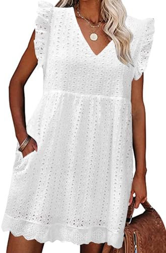 PASUDA Robe Femme Ete Chic Robe Courte avec Poches Robe Boheme en Dentelle Jacquard Col en V Coton Ample Robe Swing D'été Robe de Plage Décontracté à Manches à Volants (Blanc, XL)