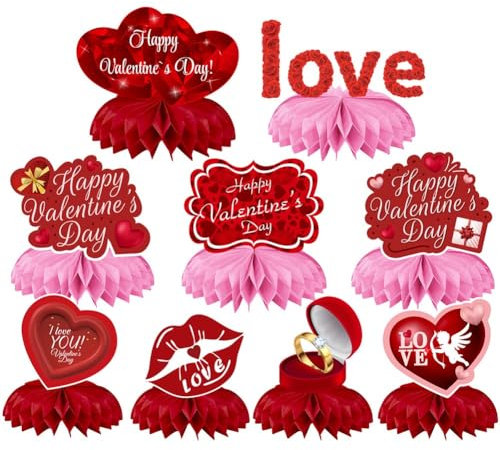 Losueeun 9-Teiliges Valentinstag-Partydekorationsset, Valentinstag-Wabenaufsätze, Valentinstag-Tischaufsätze, Feiertagszubehör (Rot)