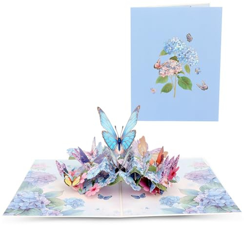 MOTIBACK 3D Geburtstagskarte Pop Up Karte Schmetterlinge auf Blumen für Frauen (Mama, Oma, Tante), Genesungskarte, Glückwunschkarte zum Jahrestag für Freundin, Hochzeitskarte Pop Up (Blau)