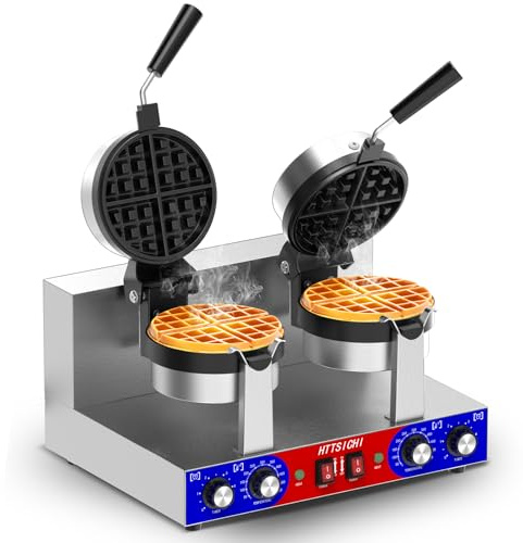 HTTSICHI Commercial Belgain Waffle Maker - Rotating Double Waffle Maker w/Non-stick and 1.2 in Thick, Filp Belgian Waffle Machine w/ 122-572℉ Temp Range and Timer, Stainless Steel Waffle Iron, 2400W
