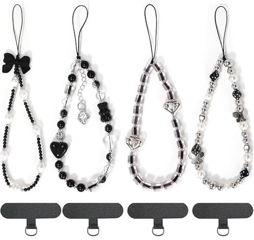 Lot de 4 Bijoux Dragonne de Telephone avec 4 Patchs Universels, Chaine De Telephone Perles, Laniere Telephone Portable, Phone Charm Strap, Phone Case Accessories