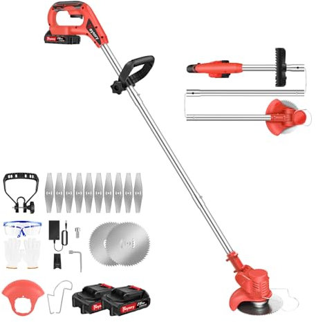 21V 380W Rasenkantenschneider Kantenschneider Rasen, Akku Rasentrimmer mit 2x1.5Ah Akku und Ladegerät, 90°Schwenkbarem Kopf Motorsense Akku Freischneider Kantenschneider Rasen, 3-Teilige Pleuelstange