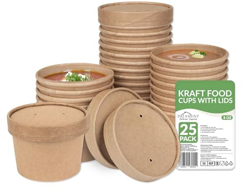 8oz (237ml) Kraft Soup Containers with Lids [25 Pack] - Leakproof Disposable Food Pots | Compostable Freezer & Microwave Safe Takeaway Containers, Soup Cups, Ice Cream Tubs for Hot Food & Desserts