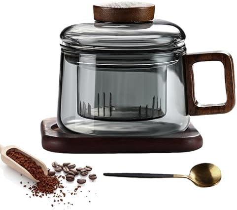 PORFOYO Glas Teetasse mit Deckel und Sieb, 200ml Teetassen mit Holzgriff, Teegläser, Teeglas Teebecher aus Borosilikat Glas Tasse mit Holzuntersetzern für Losen und Blühenden Tee