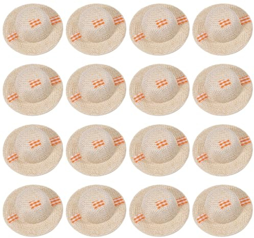 CONCHLERY 16 Pcs Mini Straw Hat Mini Imitation Straw Knitting Hats Craft Scarecrow Hats for Crafts DIY Decorative Accessories, 2.26×0.82 inch