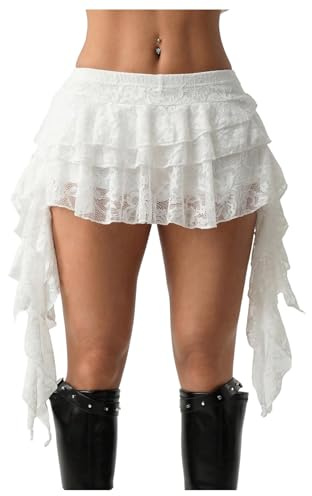 Women's Y2K Mini Skirt Ruffle Lace Asymmetrical Cute Skirts Layered Flowy Pleated Skort with Shorts (White, Small)