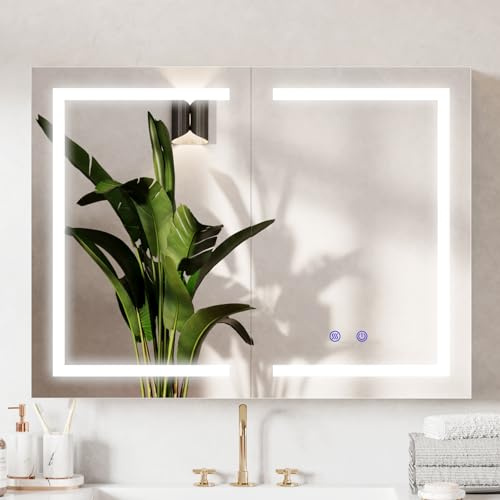 BELIWIN Bathroom Mirror Cabinet with Lights, Demister, Dimmable, 3 Colour Light, Wall Mounted LED Mirror Cabinet with Shaver Socket, 800x600mm