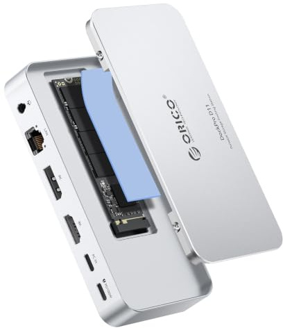ORICO 11 IN 1 Docking Station mit 8TB M.2 NVMe/SATA SSD Gehäuse, Laptop Docking Station 2 Monitore mit HDMI 1*DP 8K@30Hz,2*USB-A/C 10Gbps,SD/TF, 100W PD, 1 Gbps Ethernet,USB C hub für MacBook Pro-D11