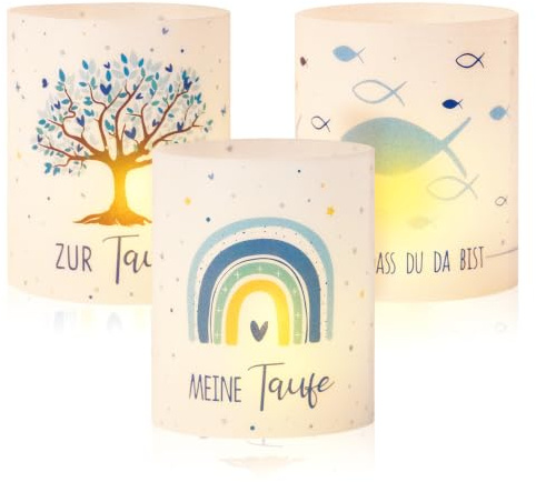 DOORIO 12 Stück Windlicht Tischdeko Taufe Kommunion SCHÖN DASS DU DA BIST Teelicht Lichthülle Mini Kerzen Deko Blau Teelicht Kerzen Dekoration Taufe Kommunion Konfirmation Erstkommunion