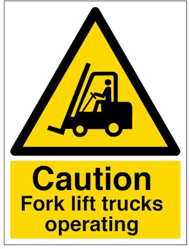 V Safety,Black/Yellow,64002BC-S Caution Fork Lift Trucks Operating Sign - Portrait - 300mm x 400mm - Self Adhesive Vinyl