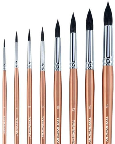 Transon Round Watercolor Detail Paint Brushes Goat Hair 8pcs for Watercolors,Acrylics,Inks,Gouache,Oil and Tempera
