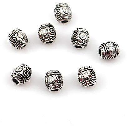 SiAura Material 10 Stück Metallperlen 6x7mm mit 2,4mm Loch, Barrel Rund Gemustert, Silberfarben zum Basteln und Auffädeln