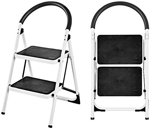 GOPLUS Escabeau Pliable Antidérapant à 2 Marches, Echelle Marchepied en Fer, avec Mains Courantes, Capacité de 150 KG, Blanc et Noir (2 Marches)