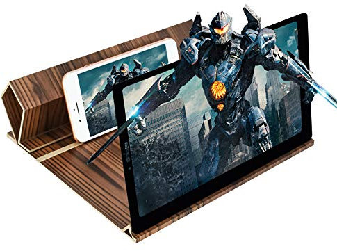 Newseego 12 Zoll Bildschirm Vergrößerungsglas, HD Bildschirm gegen Blaulicht, Faltbarer Holzmaserung Bildschirmlupe Handy Ständer für das Ansehen von Filmvideos auf Alle Smartphone, Braun