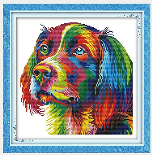 14CT DIY Vorgedrucktes Kreuzstich Sets Handarbeiten Komplette Reihe vorgedruckter Stickstarter-Kits für Anfänger - Regenbogenhund 34x34cm