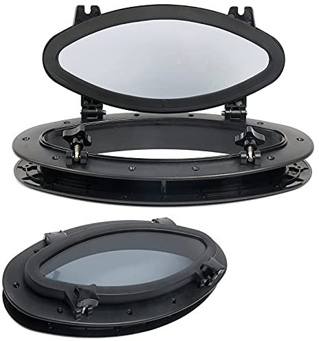 Amarine-made Pair of Boat Yacht Elliptical Oval Opening Portlight Porthole 16” X 8-5/8” Replacement Window Port Hole - ABS , Tempered Glass, Color: White, Black (Black)