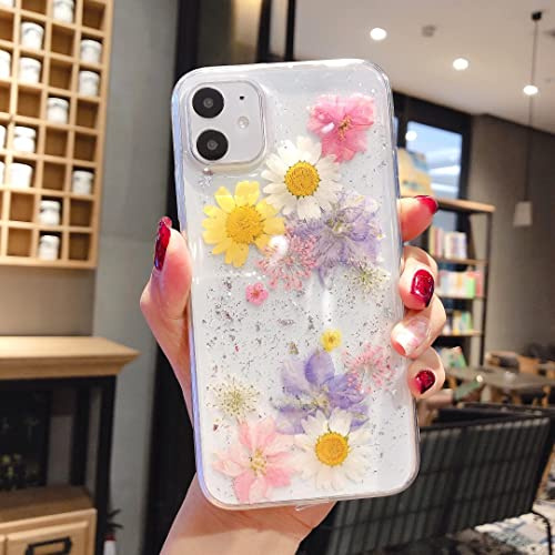 EYZUTAK Case for iPhone 11 6.1 inch, Bling Glitter Sequin Handmade Real Dried Flower Leaf Embedded Pressed Floral Flexible Soft Rubber Gel TPU Protective Bumper Back Cover - Blue+Pink
