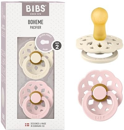 BIBS Boheme Schnuller 2er-Pack. BPA-frei. Kirschform Nippel. Naturkautschuk / Latex, Hergestellt in Dänemark. 6-18 Monate (2er Pack), Ivory / Blossom