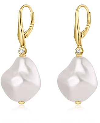 JiaYang Silber Perle baumeln Ohrringe für Frauen 925 Sterling Silber kubischer Zirkonia Barocke Perlen Ohrringes mit Fischhaken, CZ Diamant Perlenohrringe feinen Schmuck für Frauen 8MM-10MM