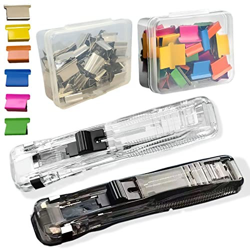 Wiederverwendbar Nahtloser Hefter Büroklammern Spender 2 Stück klammerloser hefter und 100 klammern(50 Silber + 50 Bunt Clips Heftklammern) Tacker Büro Gadgets zum Bürobedarf Schultisch Heim