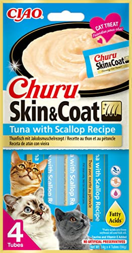 INABA Churu Skin & Coat - Pürierte Katzenleckerlis mit Thunfisch und Jakobsmuschel - Omega 3 & 6 und Taurin - Felinen Snacks, Cremige Textur - Futter für Katzen, Haut & Fell - 48 Tuben x 14g