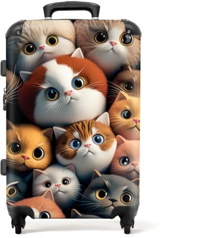 NoBoringSuitcases.com® Koffer groß Trolley Rollkoffer Reisekoffer mit 4 Rollen Fotokoffer - Katze - Design - Braun - Grau - Kinder - 67x43x25cm - 90 Liter
