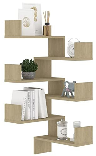 Keketa Eckregal, 3 Etagen, Holz, schwebendes Wandregal mit Zickzack-Design, moderne hängende Eckregale für Schlafzimmer, Wohnzimmer, Küche und Büro, 2 Stück, Sonoma-Eiche, 40 x 40 x 50 cm,