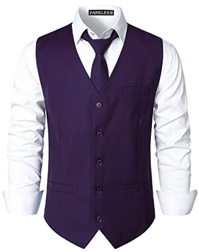 PARKLEES Gilet da uomo hipster urbano design business formale slim fit abito smoking gilet, Viola scuro, M