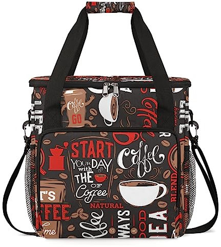 Brown and Red Coffee Cafe Coffee Maker Carring Bag Travel Carrying Storage Tote Bag Compatible with Keurig K-Mini or K-Mini Plus Portable Single Serve Coffee Brewer Case with Pockets for K-cup Pods