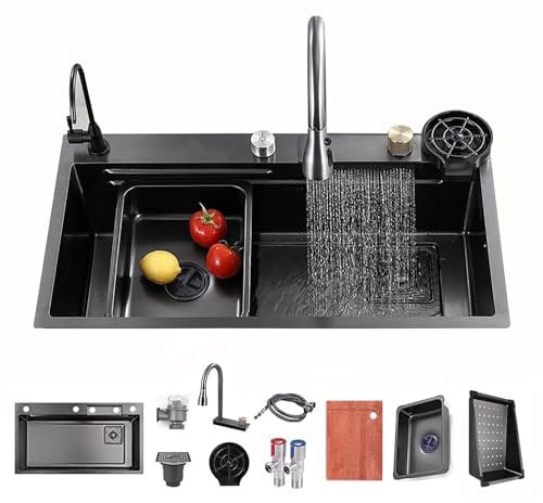 Küchenspüle Schwarz Spülbecken Raindance Wasserfall Edelstahl Waschbecken Küche Einbauspüle Einschalen-Küchenspüle Spüle Küche Mit Wasserhahn Ausziehbar Kitchen Sink Mit Drainage-Komponenten